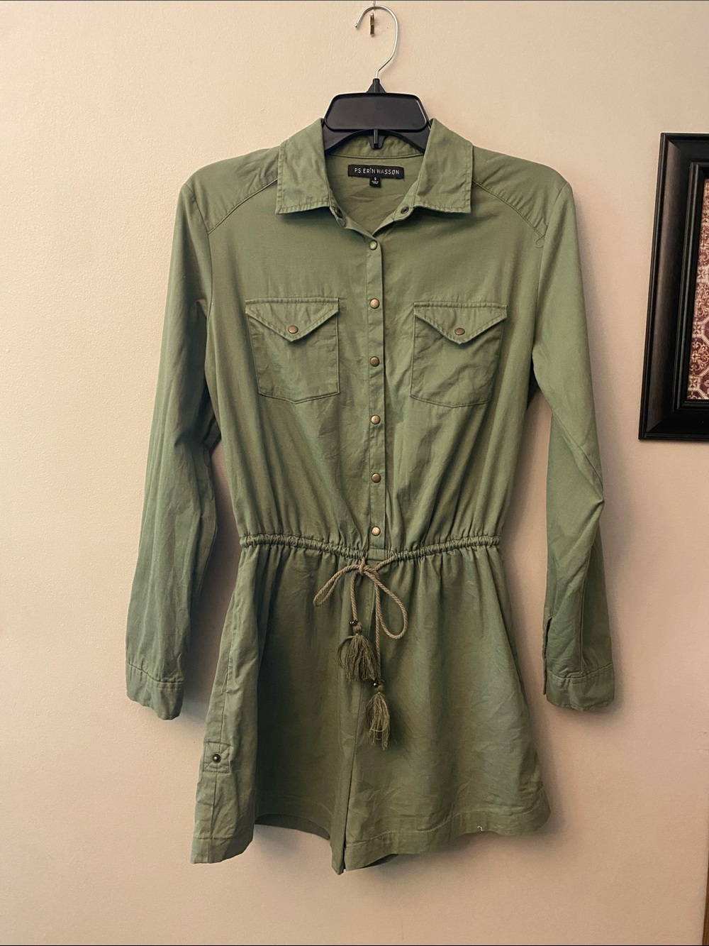O.S. Erin Wasson Olive-Green Utility romper with Snap Buttons